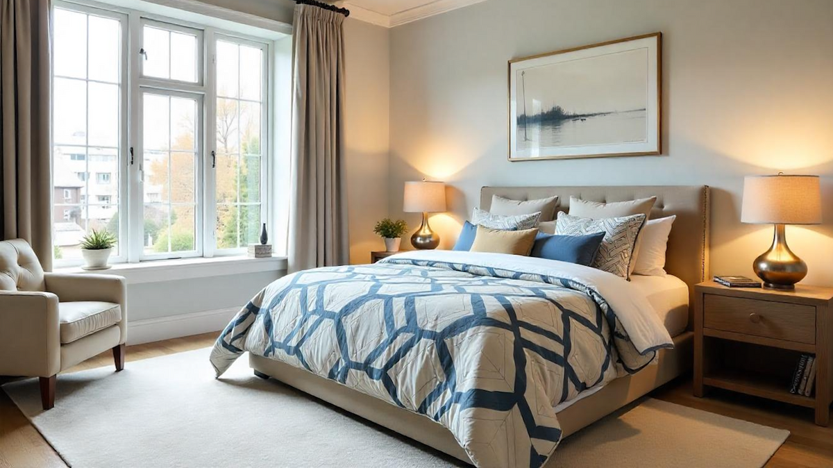 A luxurious bedroom featuring a king-sized bed with a bold geometric patterned duvet cover in soft blues and earth tones, illuminated by natural light with minimalist decor.