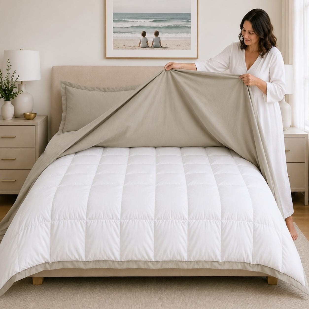 Beige Beddley Three-Sided Zipper duvet cover opened with the top panel lifted to reveal the duvet insert underneath.