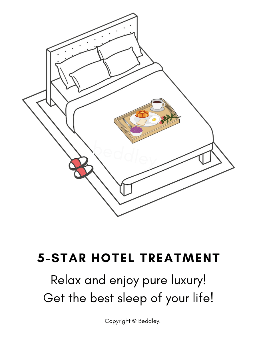Illustration of a made bed with breakfast tray, representing a hotel-style sleep experience with Beddley bedding