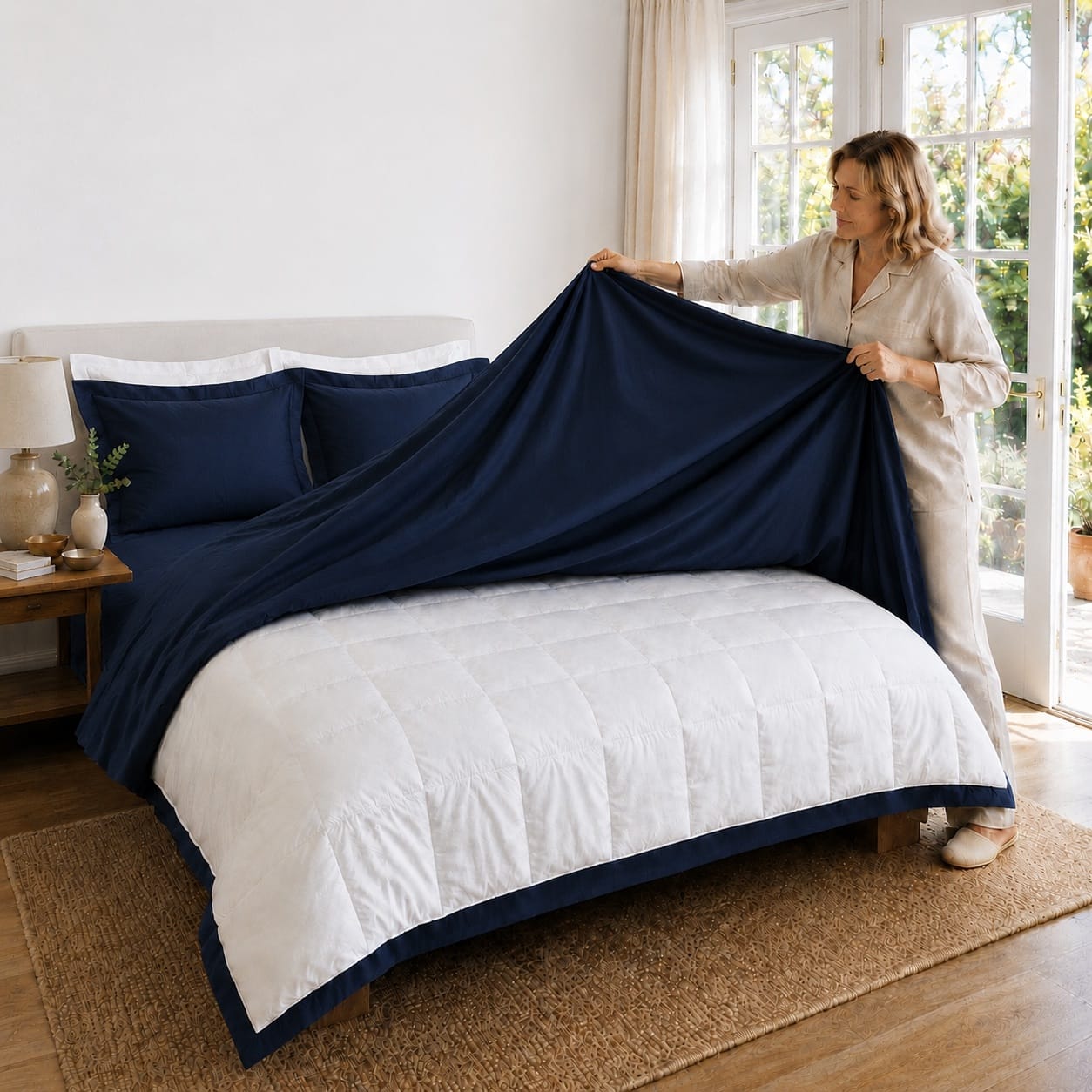 Woman making a bed with the open Beddley Navy Blue Easy-Change Duvet Cover over a white duvet insert.