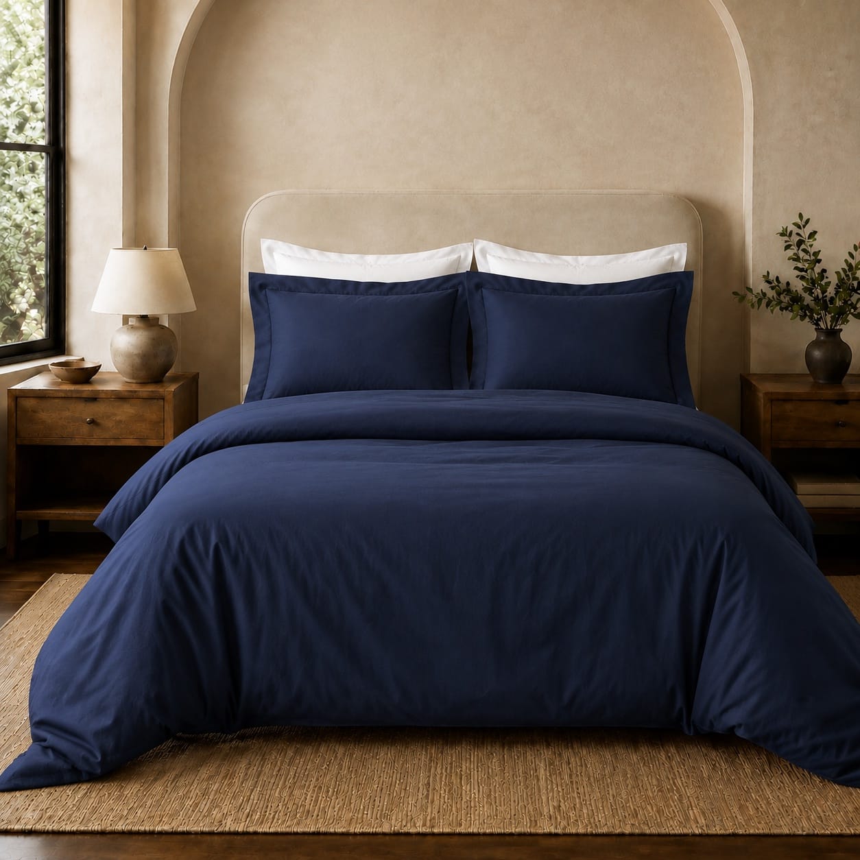 Beddley Navy Blue Easy-Change Duvet Cover shown with matching shams in a warm neutral bedroom.