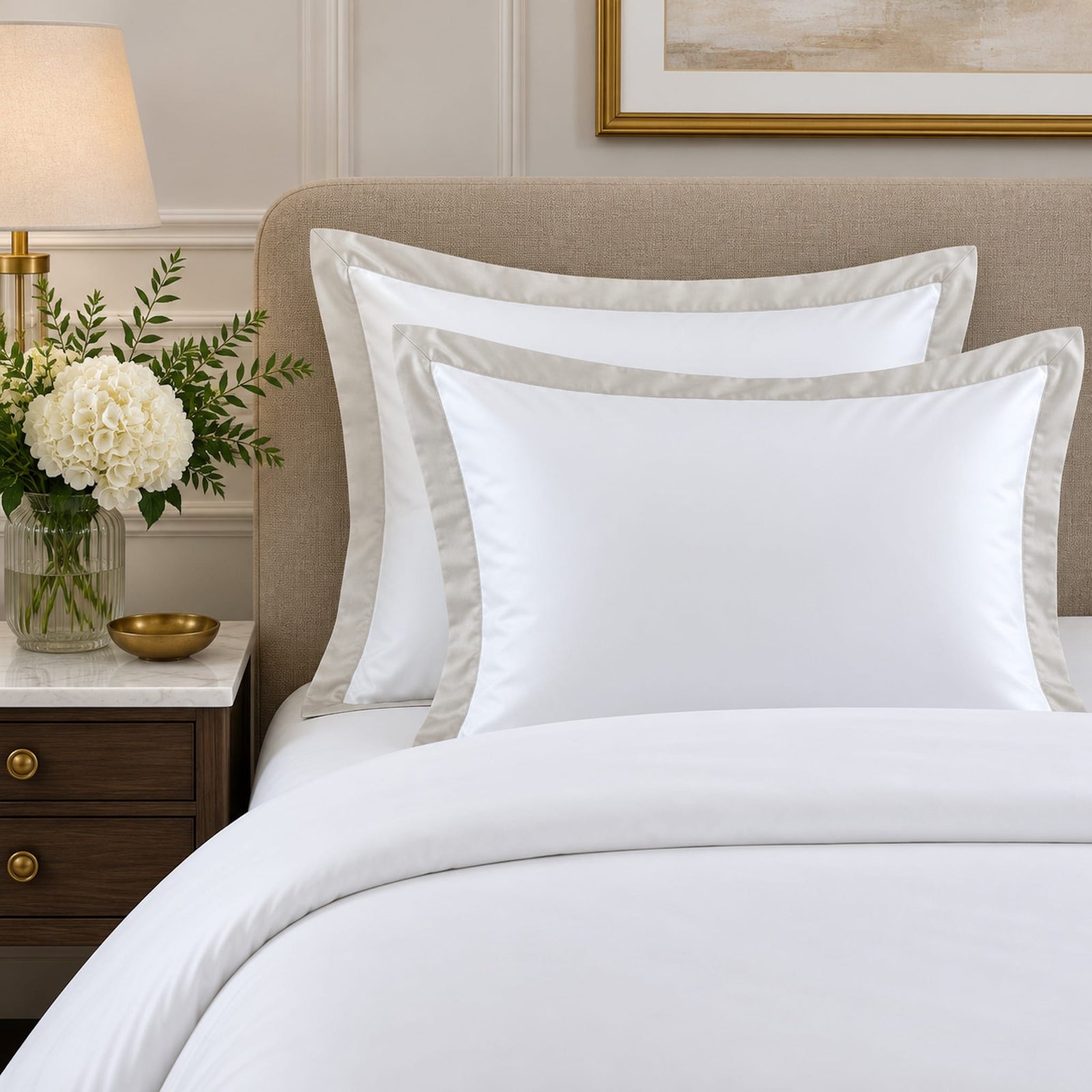 Beddley White Sham with Oyster Border with three sided open easycare zipper