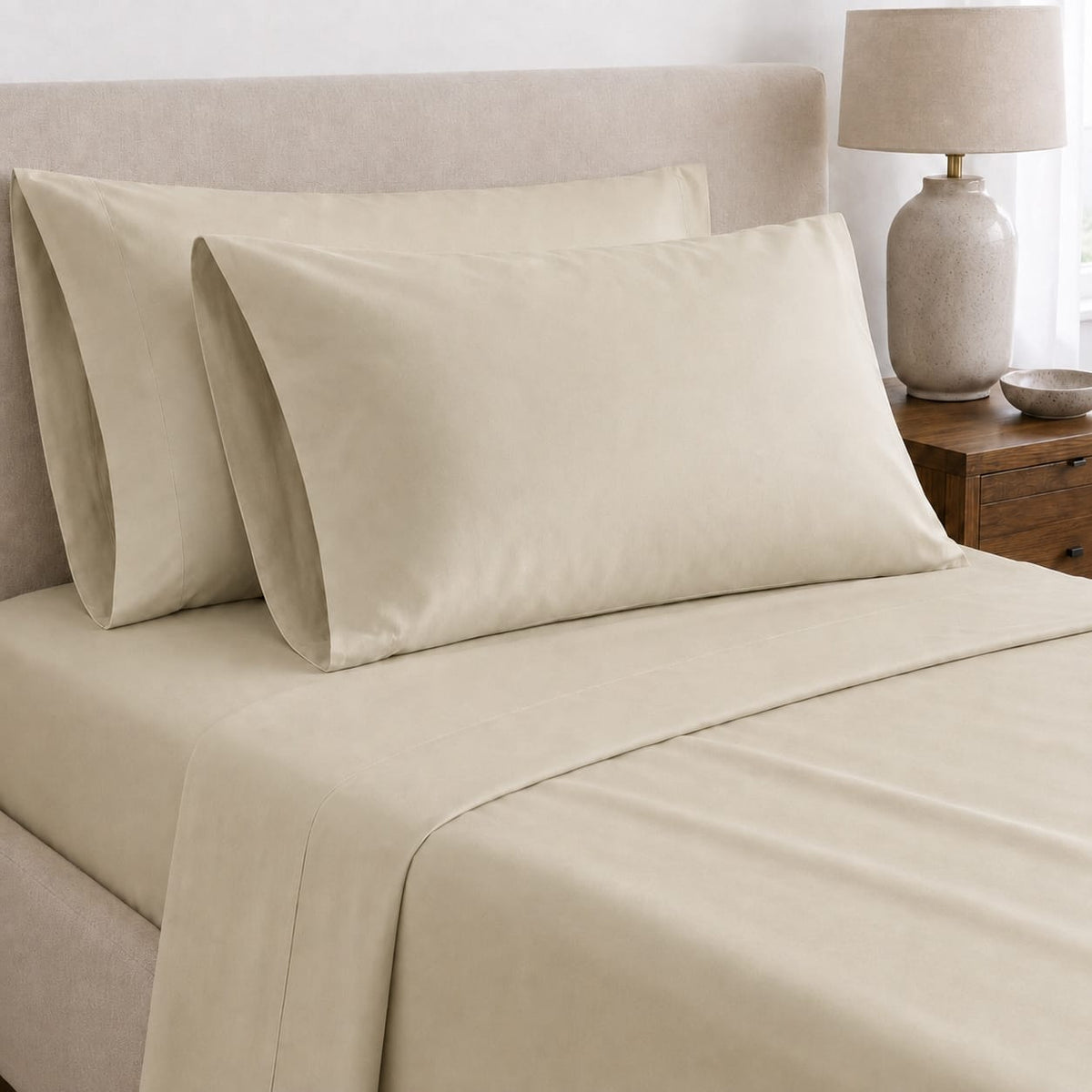Two Beddley Beige cotton sateen pillowcases showing their generous open ends and relaxed fit