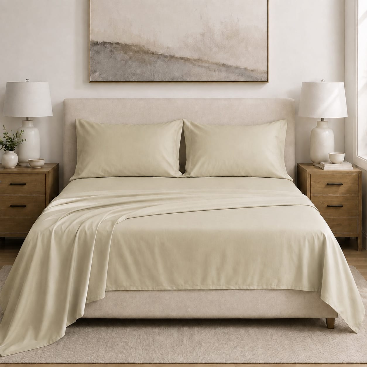 Beddley Beige 300-thread-count cotton sateen sheet set on a queen bed with fitted sheet, flat sheet and two pillowcases