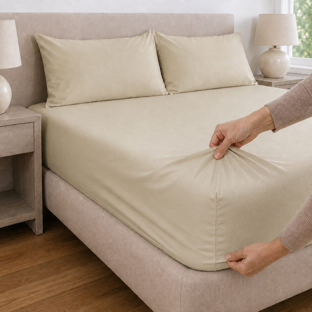 Beddley Beige deep-pocket fitted sheet being pulled over a mattress corner to show its secure fit and generous depth