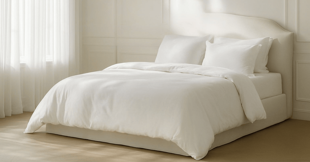 Luxury white duvet-covered bed from Beddley in a sunlit hotel-style bedroom