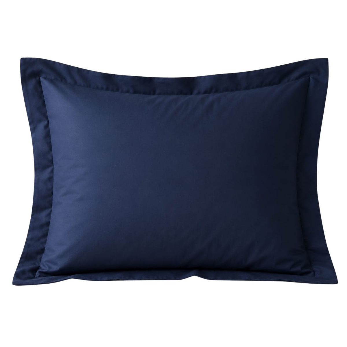 Front view of a Beddley Navy Blue 300-thread-count cotton sateen pillow sham with a broad three-inch flange.