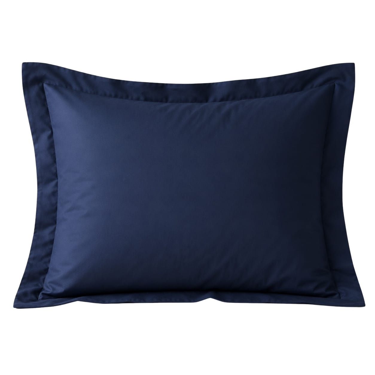 Front view of a Beddley Navy Blue 300-thread-count cotton sateen pillow sham with a broad three-inch flange.