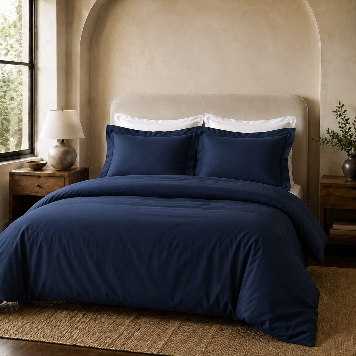 Angled view of the Beddley Navy Blue Easy-Change Duvet Cover with matching navy shams and white pillows.