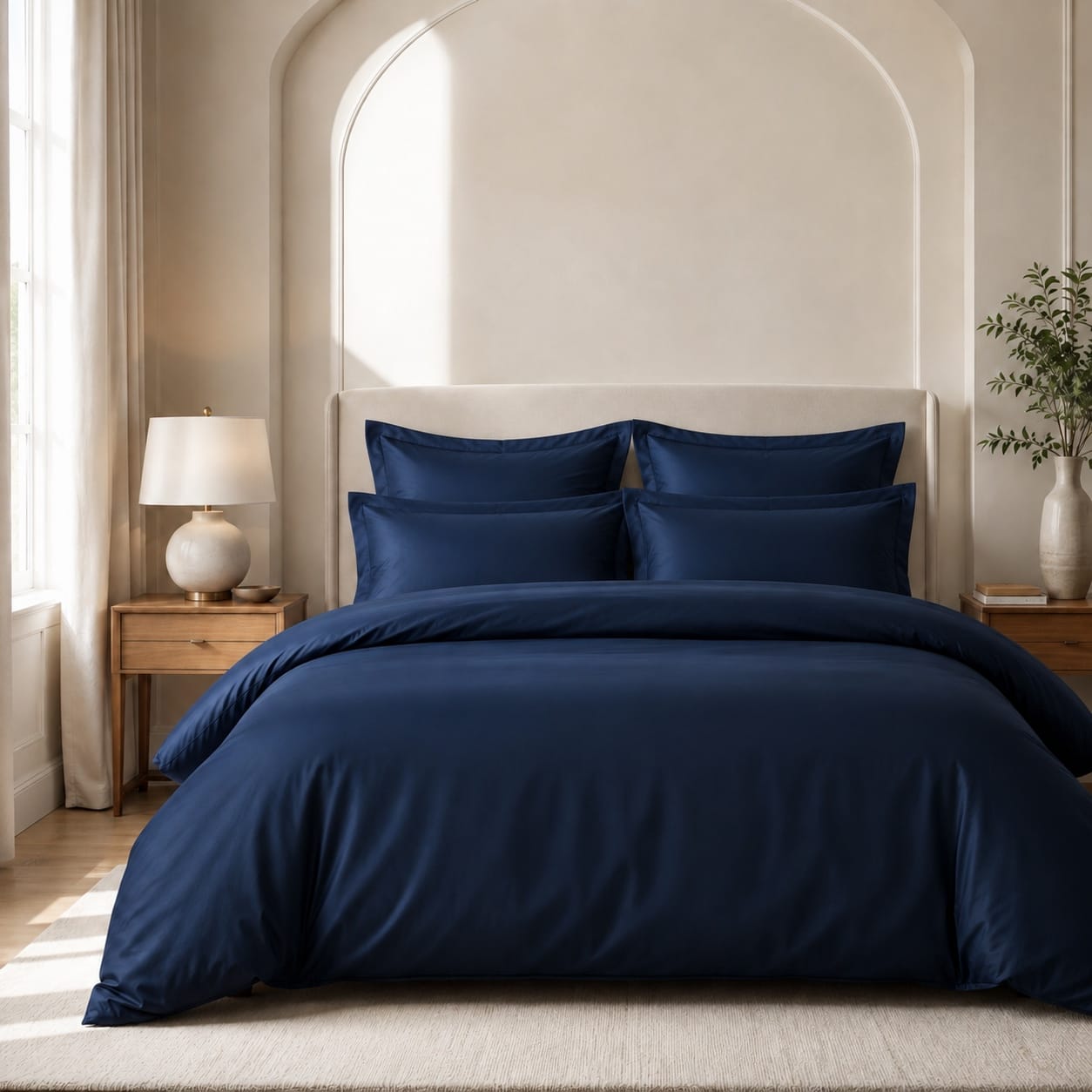 Beddley Navy Blue Easy-Change duvet cover with matching 2-inch flange shams in a luxurious bedroom