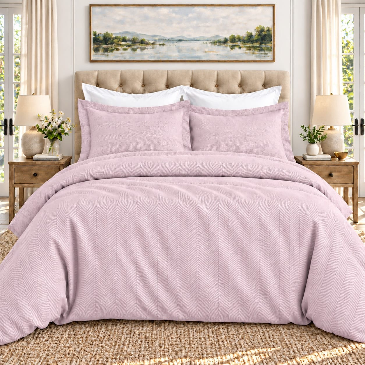 beddley Pink Three-Sided Zipper® Duvet Cover - Herringbone with three sided open easycare zipper