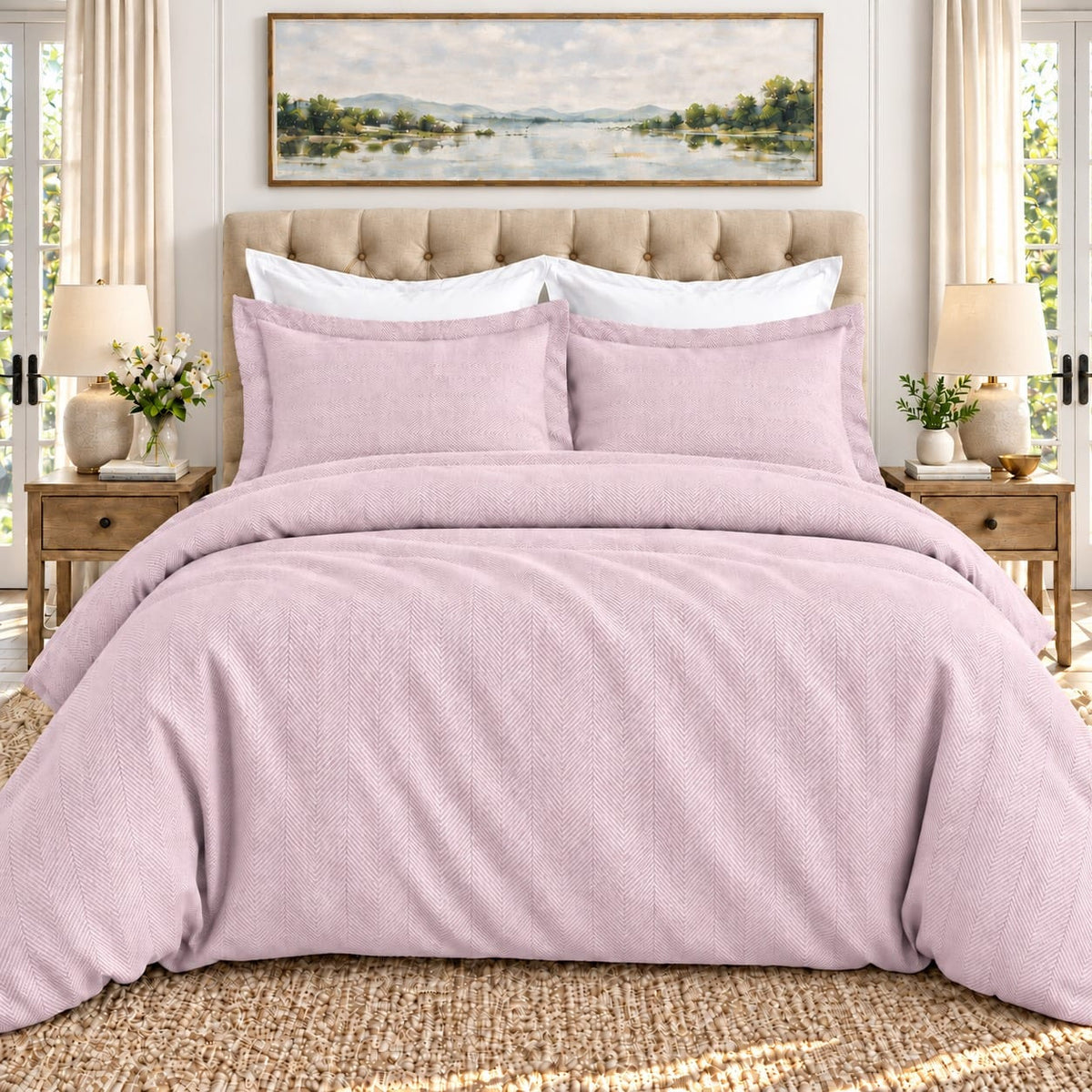 beddley Pink Three-Sided Zipper® Duvet Cover - Herringbone with three sided open easycare zipper
