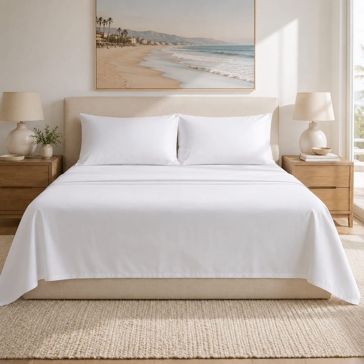 Beddley White 100% cotton sateen sheet set on a queen bed in a sunlit Santa Monica-inspired bedroom
