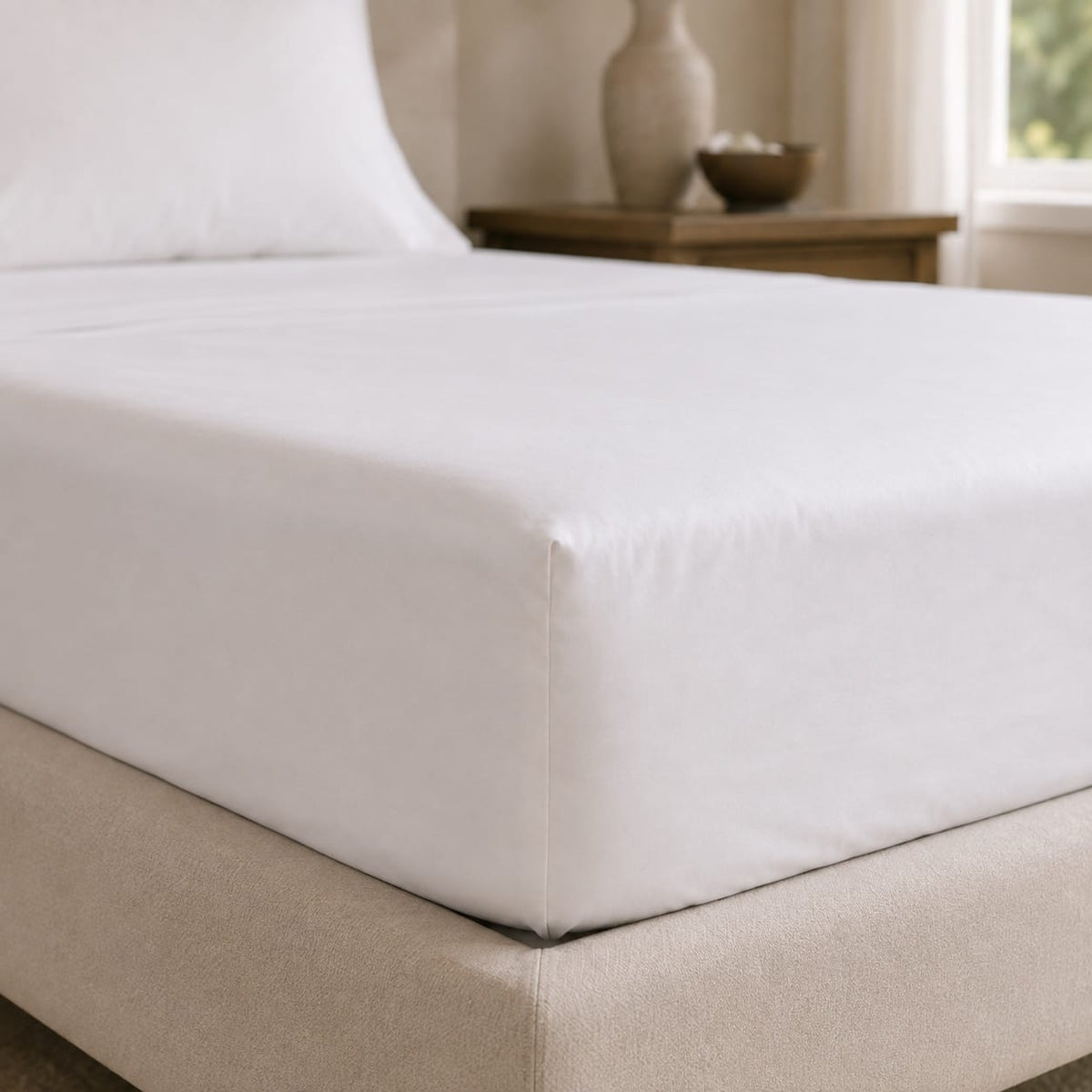 Close-up of Beddley White deep-pocket fitted sheet fitted smoothly over a queen mattress