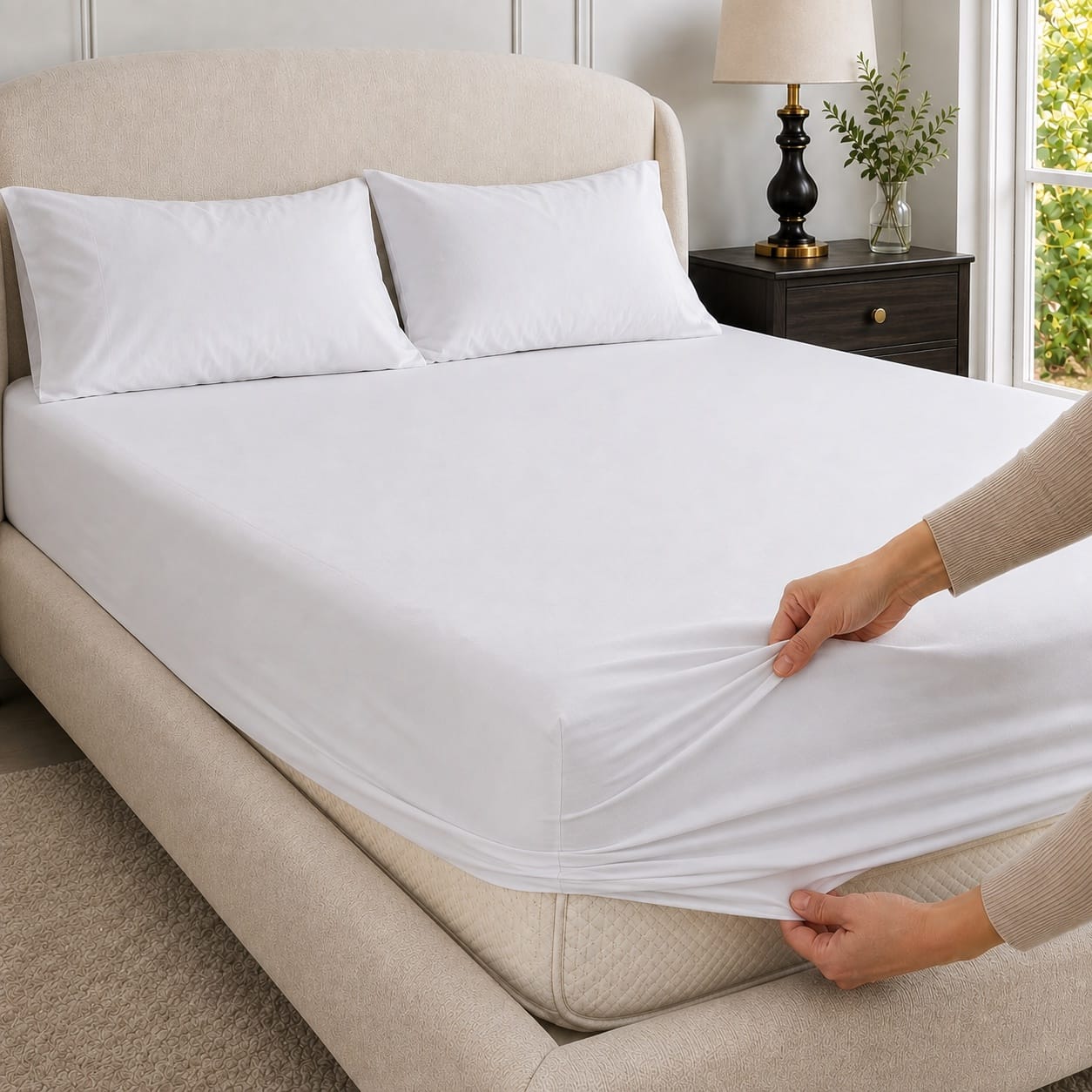 Hands fitting a Beddley White deep-pocket cotton sateen fitted sheet over a queen mattress