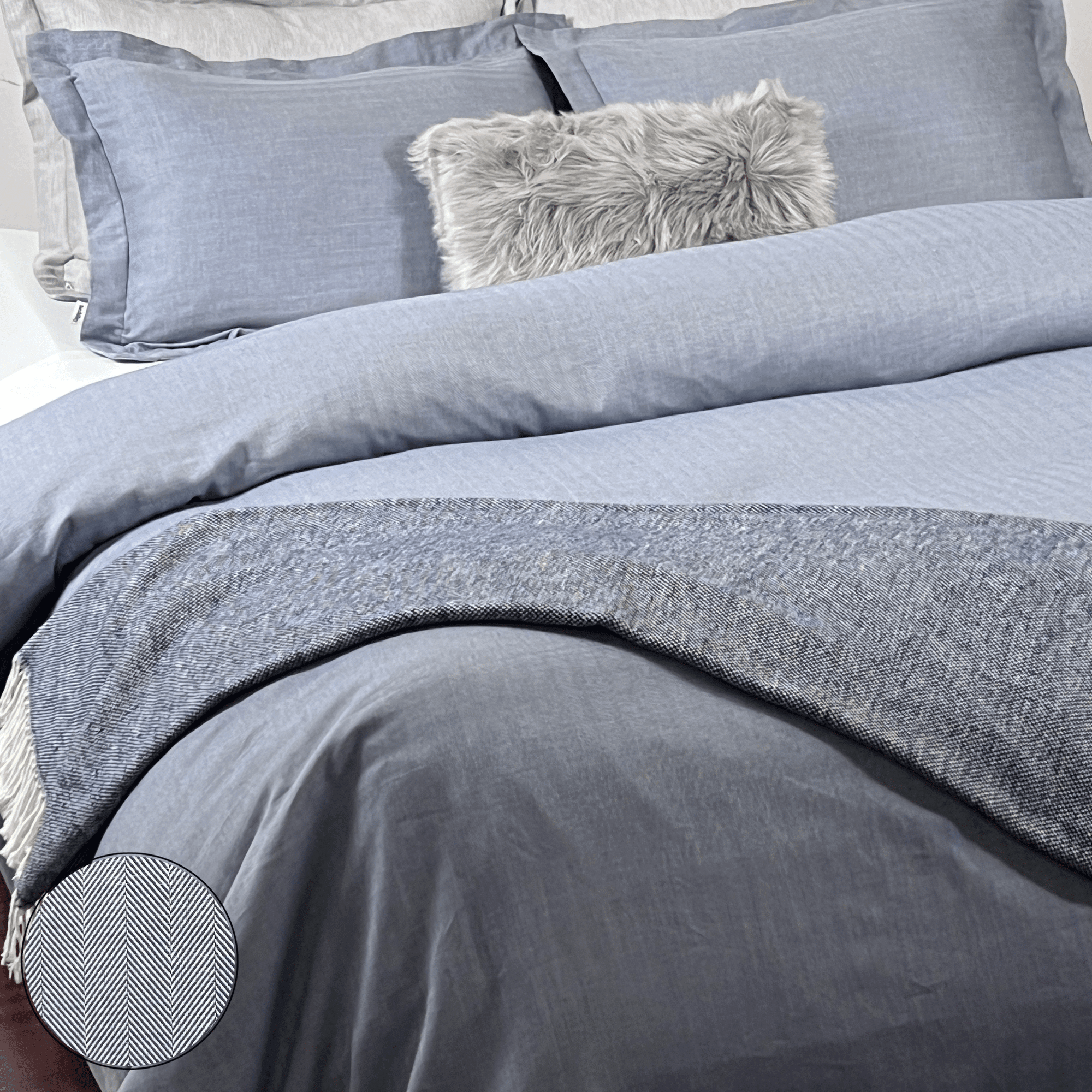 beddley Blue Easy-Change™ Duvet Cover - Herringbone with three sided open easycare zipper