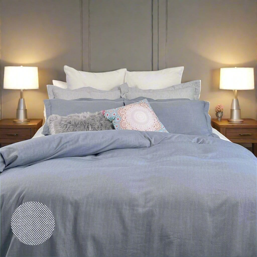 beddley Blue Three-Sided Zipper® Duvet Cover - Herringbone with three sided open easycare zipper