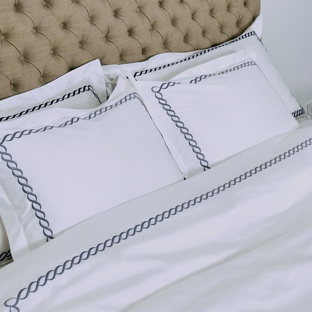 beddley Marquis Chain Embroidered Easy-Change™ White Duvet Cover Set with three sided open easycare zipper