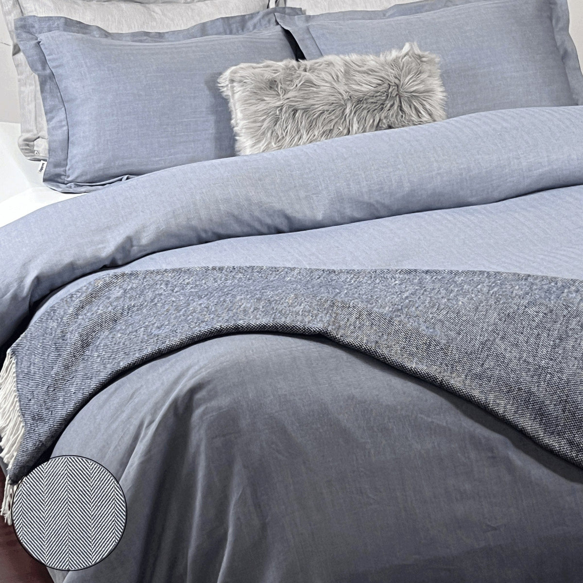 beddley Blue Three-Sided Zipper® Duvet Cover - Herringbone with three sided open easycare zipper