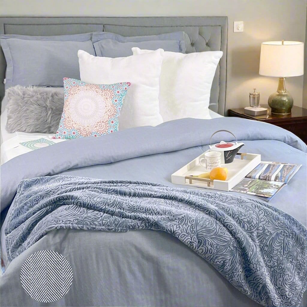 beddley Blue Three-Sided Zipper® Duvet Cover - Herringbone with three sided open easycare zipper