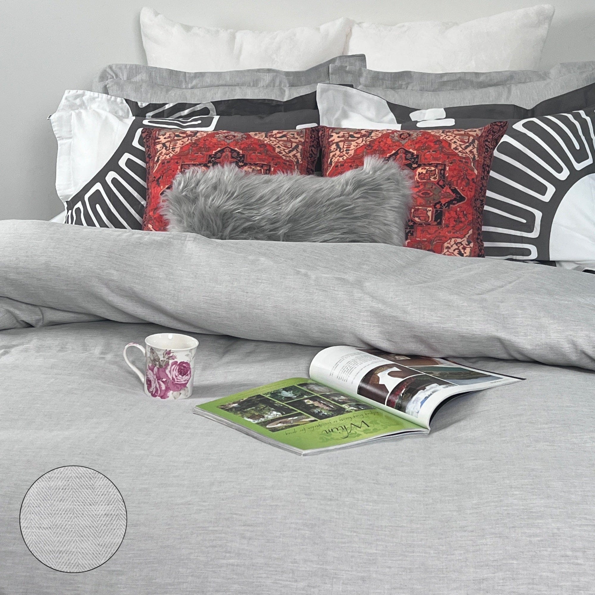 beddley Gray Three-Sided Zipper® Duvet Cover - Herringbone with three sided open easycare zipper