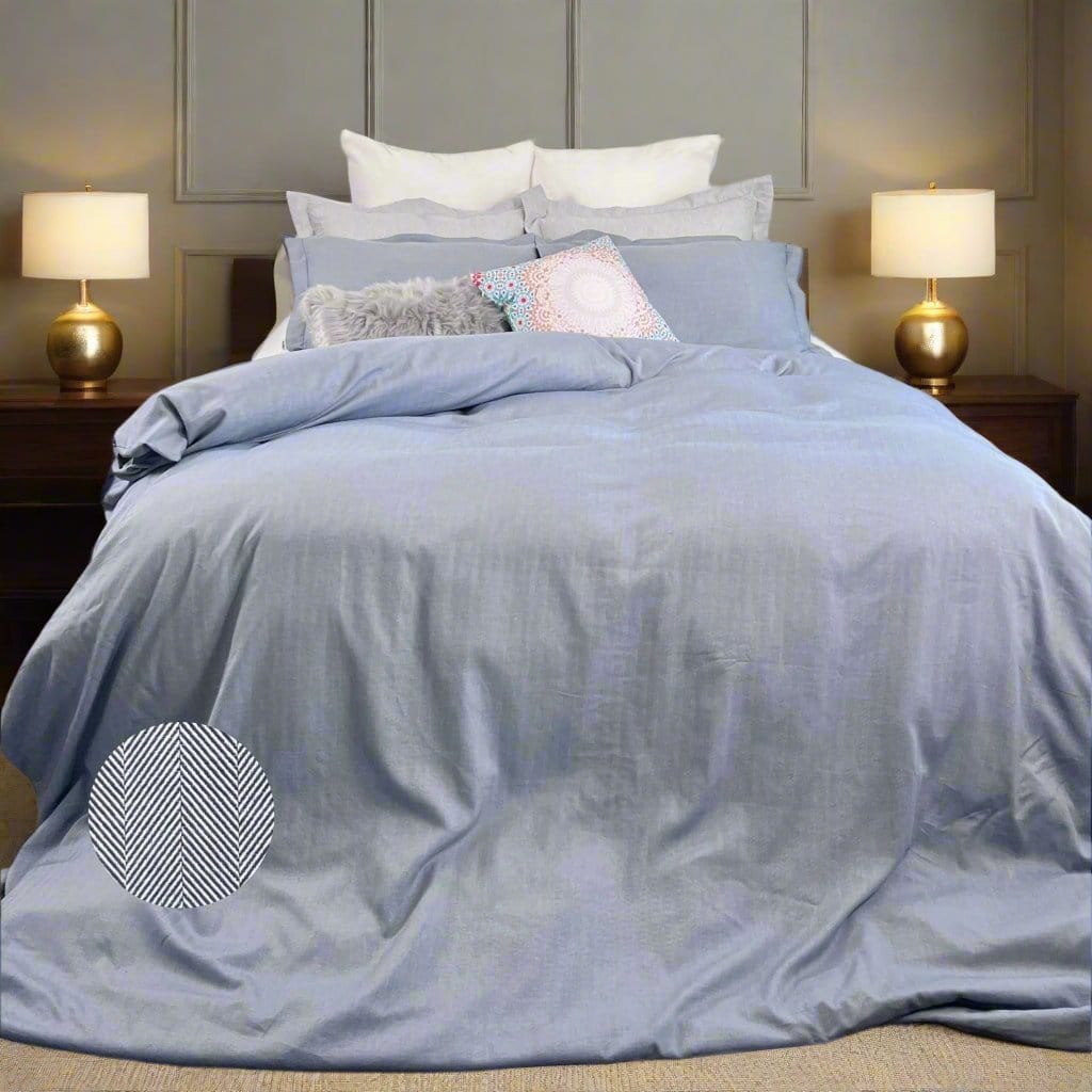 beddley Blue Three-Sided Zipper® Duvet Cover - Herringbone with three sided open easycare zipper