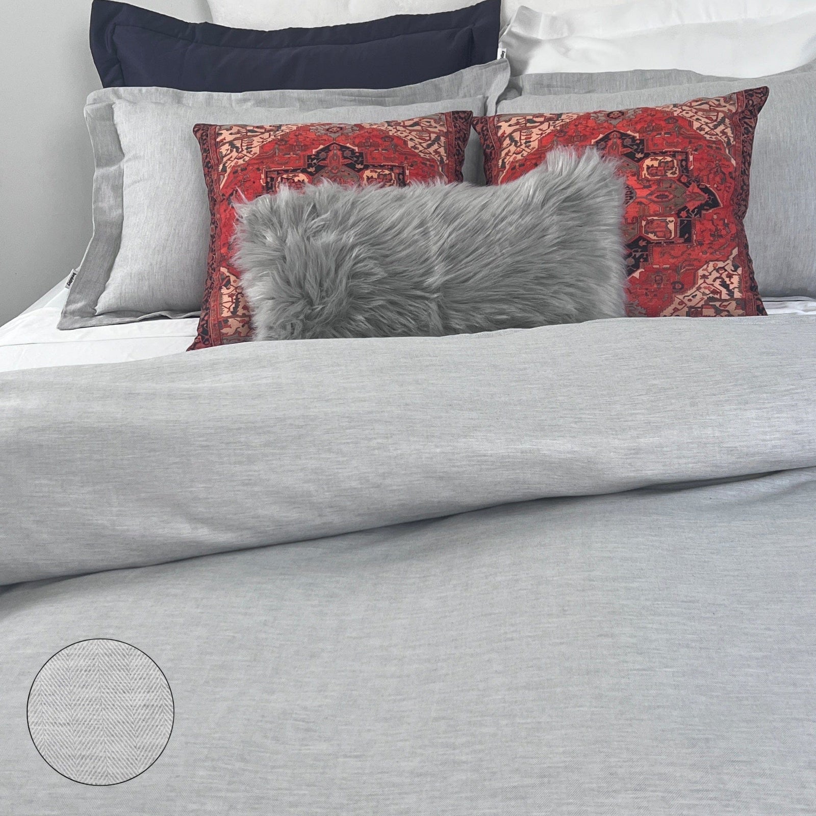 beddley Gray Three-Sided Zipper® Duvet Cover - Herringbone with three sided open easycare zipper