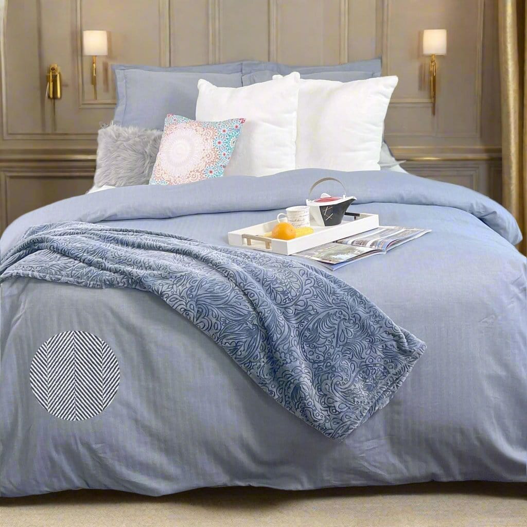 beddley Blue Three-Sided Zipper® Duvet Cover - Herringbone with three sided open easycare zipper