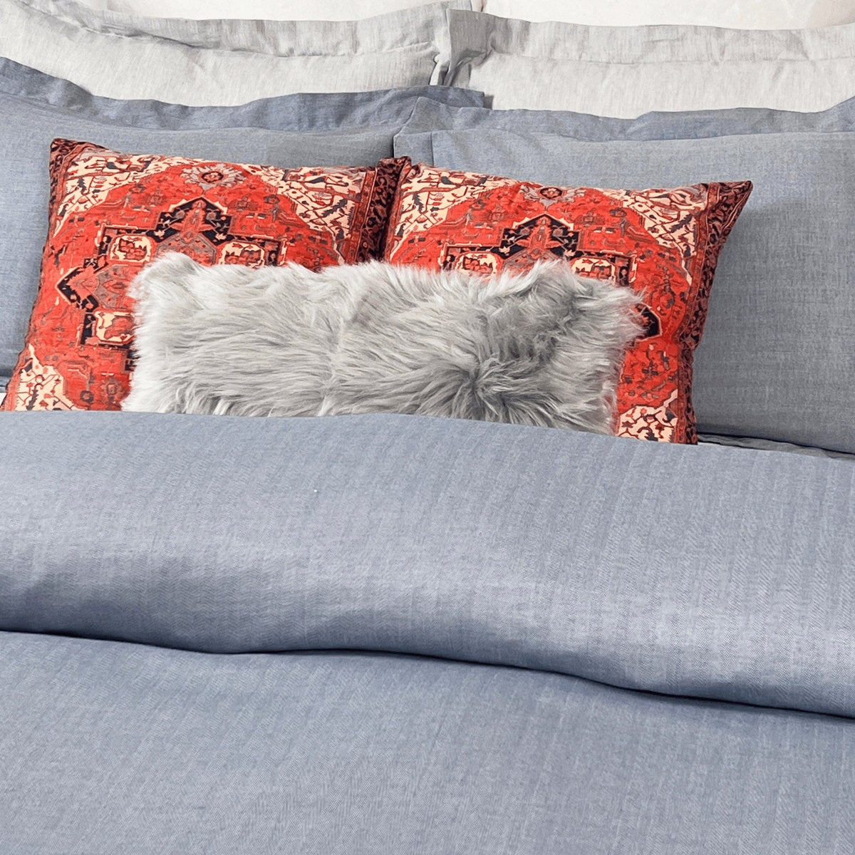 beddley Blue Three-Sided Zipper® Duvet Cover - Herringbone with three sided open easycare zipper